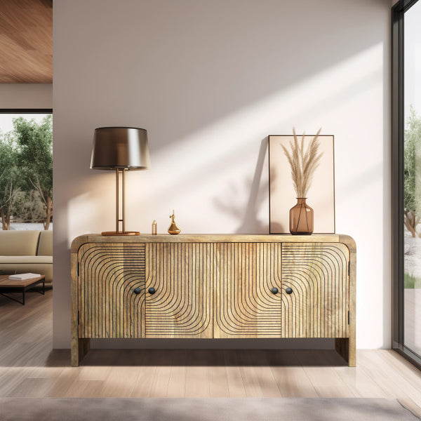 SB- Carved Front Waterfall Edge Sideboard