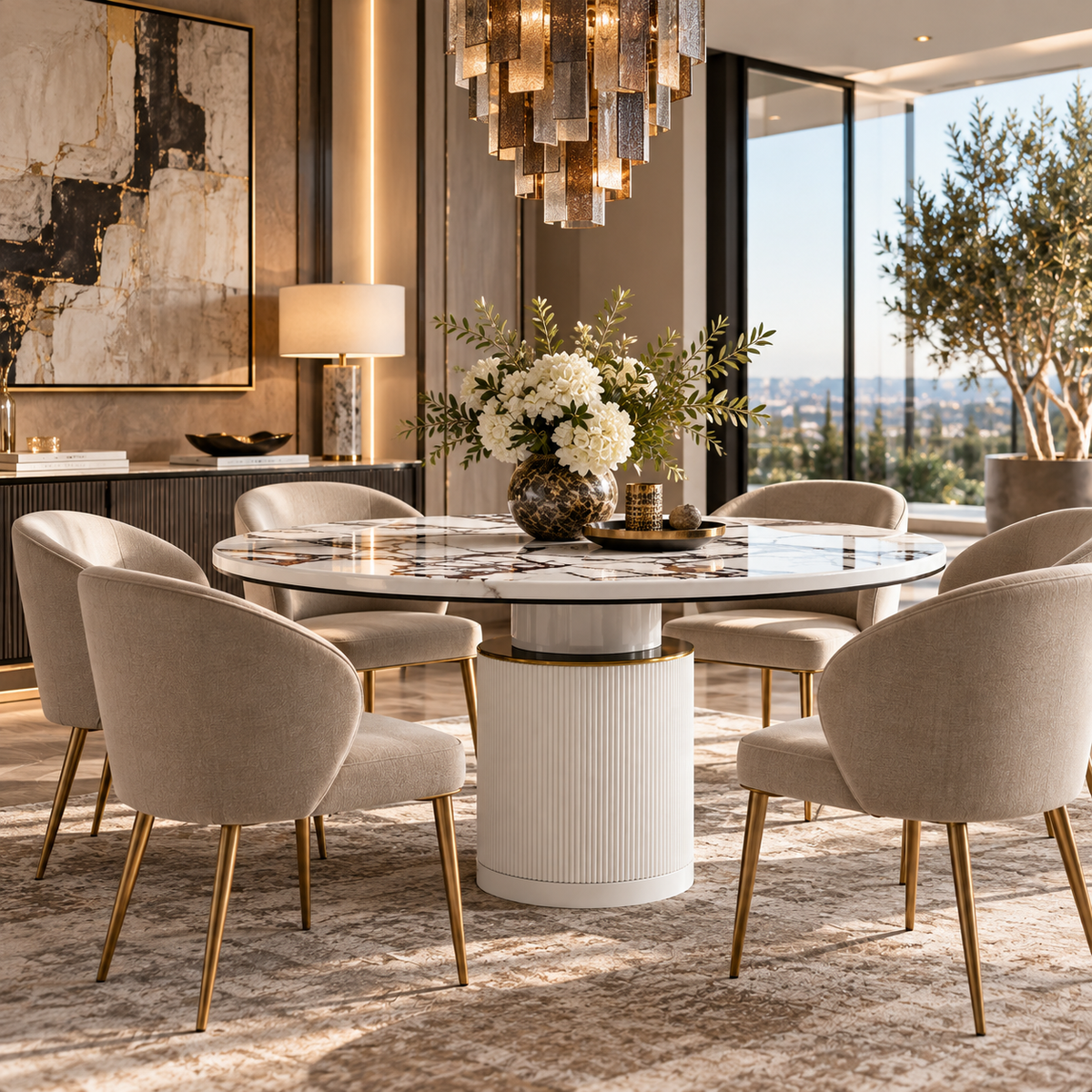 TV - VANESSA WHITE MARBLE LACQUER ROUND DINING TABLE
