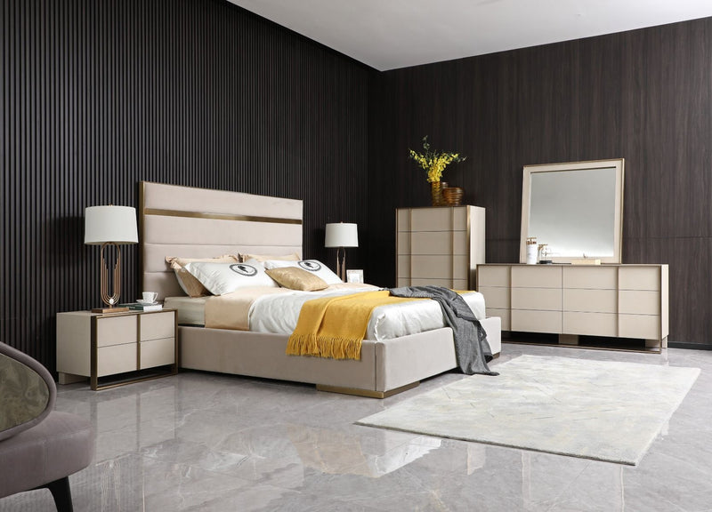 VG -MODREST CARTIER -  BEIGE VELVET AND BRUSHED BRASS BED