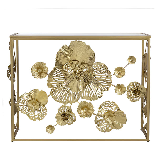 AB - GOLD MIRRORED GLASS TOP CONSOLE TABLE WITH CONTEMPORARY FLORAL DESIGN