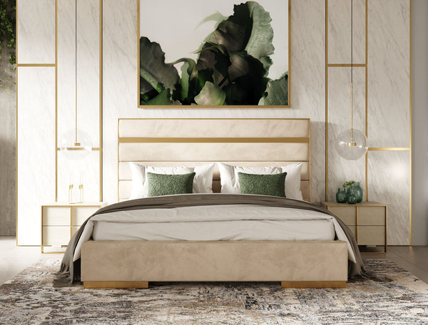 VG -MODREST CARTIER -  BEIGE VELVET AND BRUSHED BRASS BED