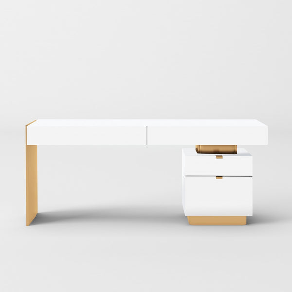 VG - MODREST TRAHAN - MODERN GLOSS WHITE AND BRUSHED GOLD OFFICE DESK